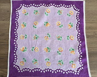 Vintage handkerchief purple with yellow orange green and blue flowers 12 inches purple background reusable tissues, wedding spring