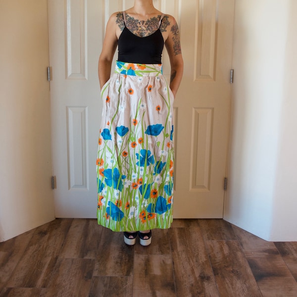 Vintage 60s high waist skirt, size extra small to small, maxi length floral with pockets, perfect summer skirt