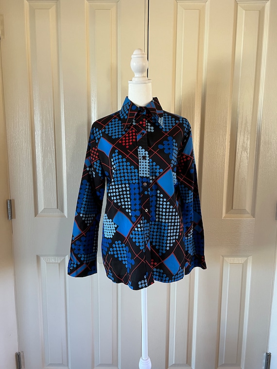 70s long sleeve button down top sized medium, pol… - image 1