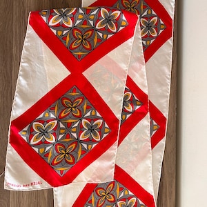 vintage rectangle silk scarf Jaleh and Joseph, mode maker by Ben Goodman geometric red white grey yellow hair neck purse scarf