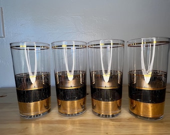 Vintage Culver High Ball Gläser 4 Devon Black Becher 70er 80er schwarz gold glam Barware Retro mcm