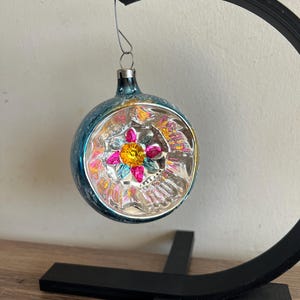 Vintage glass christmas ornament Indent blue, orange and pink made in Czechoslovakia 2.8&quot; hand blown glass ornament