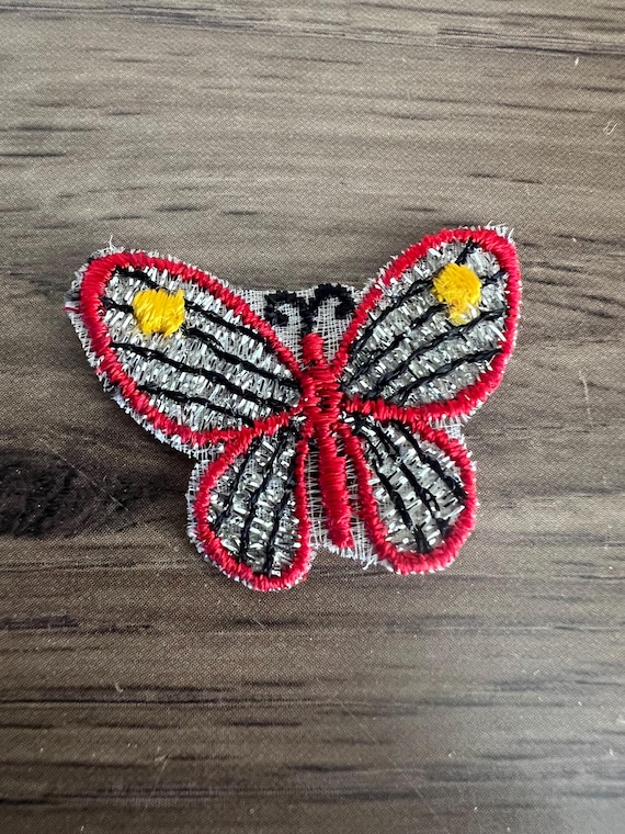 Retro Butterfly Patch: Silver & Red Sew-On Applique (1.5")