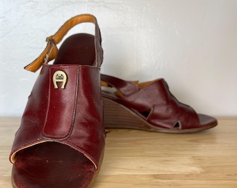 Vintage 90s italian leather wedge sandal etienne aigner 471 sling back size 7.5N oxblood burgendy maroon
