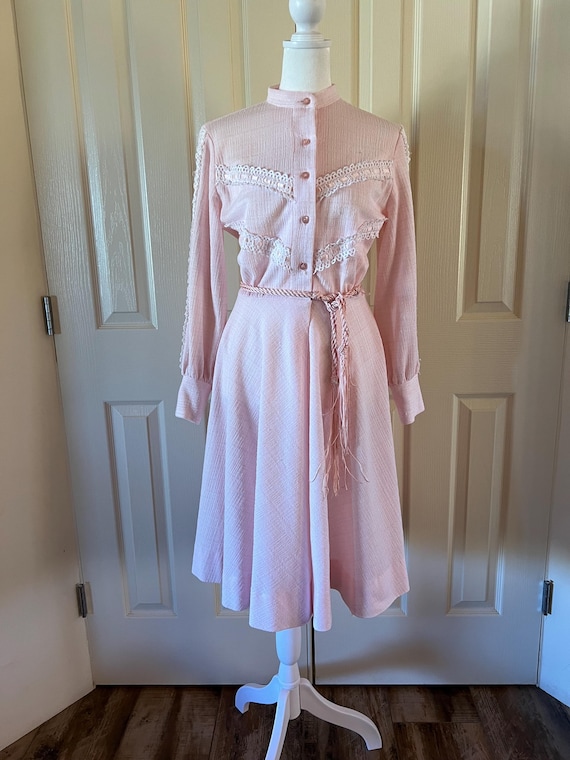 Vintage 70s Pink Eyelet Dress: Long Sleeve Fit & Flare, Size Small - Etsy