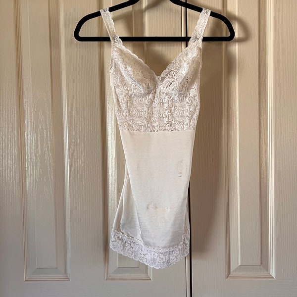 Vintage womens slip body suit Flexees medium, shapeware white with lace, dress slip sexy, retro undergarments B cup