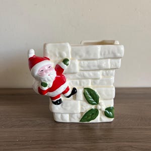 Vintage Santa planter pot ceramic Santa Claus on chimney retro 80s christmas decorations 4&quot; plant pot white and red candy dish