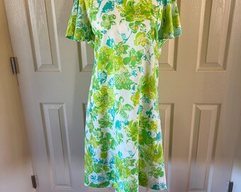 Vintage Handmade Cotton Dress: Green Tropical Leaf Flutter Sleeve
