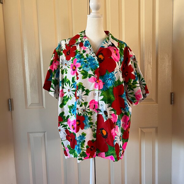 Camicia hawaiana vintage da donna xxl abbottonata manica corta anni '70 camicia tropicale fatta a mano 50" vestito da vacanza sul petto