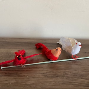 Vintage birds Christmas decortations, set of 3, cardinals and dove, flocked and feathered