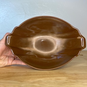 Frankoma 201 vintage 60s pottery, brown ceramic art deco mid century 9"x6"x3" small bowl or dish