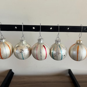 Vintage glass Christmas ornaments lot of 5 striped 2” West Germany white mercury glass silver red blue orange stripes ornaments under 30