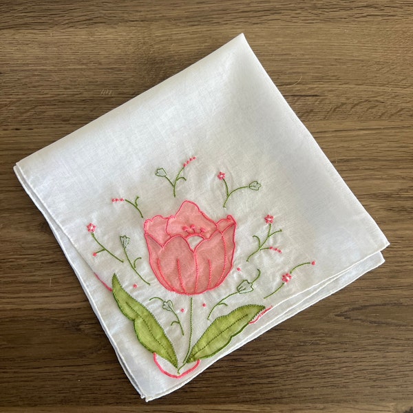 Vintage, women’s handkerchief, handmade, embroidered flower, white with pink and green 13 inches square floral spring summer wedding reuse