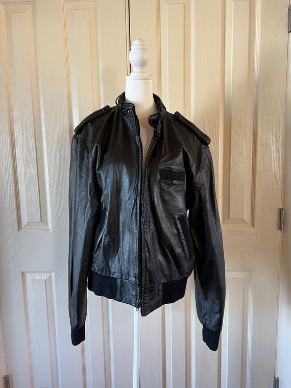 Vintage 80s black leather moto jacket, members on… - image 1