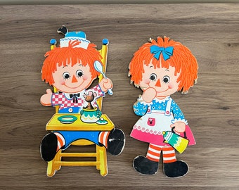 Vintage Raggedy Ann and Andy Cardboard Wall Decor - 1970s Kids Room Art
