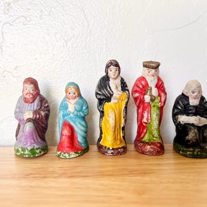 Vintage Nativity figures ceramic set of 5 mid century small Christmas decor made in japan 3&quot; king Mary Josesph Shepherd rustic