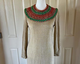 Vintage 60s Beaded Evening Dress: Gold Lurex Knit Cleopatra Style