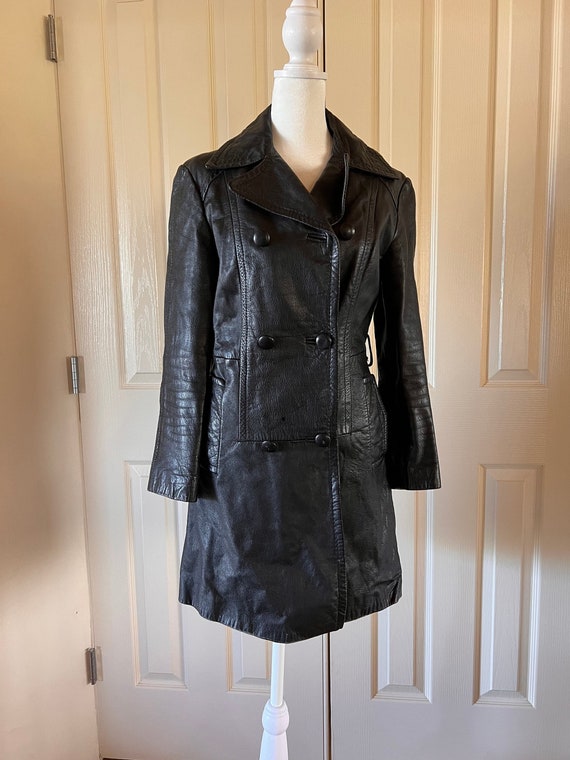 Vintage 80s Black Leather Jacket - Alexida Double Breasted Coat