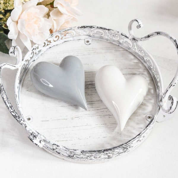 Ceramic Pebble Heart, Small Heart Ornament, Grey or White, Glazed Ceramic Heart, Keepsake Gift, Home Decor, Heart Decor