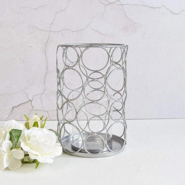 Silver Abstract Circles Hurricane, Candle Holder, Metal Candle Hurricane, Modern Decor, Home Gift, Chunky Pillar Candle Hurricane