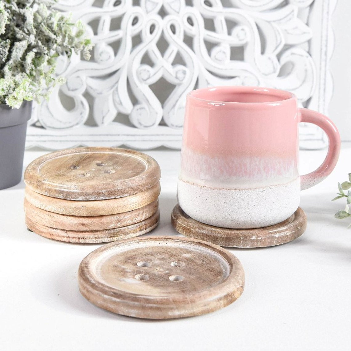 Rustic Style Wooden Oversized Button Coasters Set of 6 Etsy