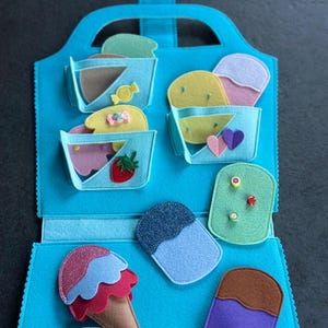 Gioco per bambini Gelateria con schede attività Gelato in feltro Gioco di conteggio Gioco di attività Montessori Negozio accessori Cucina