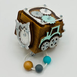 Busy Cube Wooden Motor Skills Cube with Personalization Montessori Sensory Toy Activity Cube