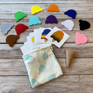 Kinderspiel Eisdiele mit Aufgabekarten | Eiscreme aus Filz | Farben Formen Zählspiel | Aktivitätsspielzeug Kaufladen und Küchen Zubehör