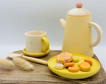 Tea set, coffee set made of wood, play kitchen accessories, teapot, cup, spoon, plate, sweets, children's tableware