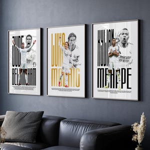 Real Madrid Poster Set – Bellingham, Modric, Mbappe Wall Art, Soccer Gift, Football Print Bundle, Minimalist Sports Decor