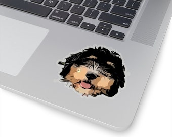 May include: A cartoon illustration of a black and brown dog with a white patch on its chest. The dog has its tongue sticking out and its eyes are closed.