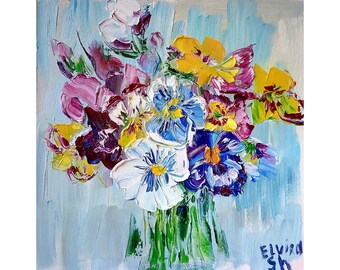 Violet Painting Spring Original Art Pansy Painting Flower Art Small Watercolor 7 by 5 Floral Wall Art by ElgrigoArtShop