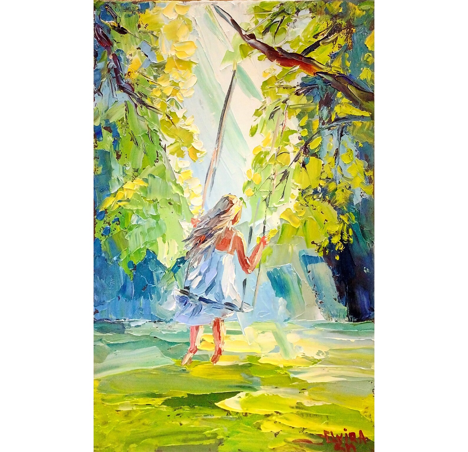 Girl on a swing painting Original art Women painting canvas | Etsy