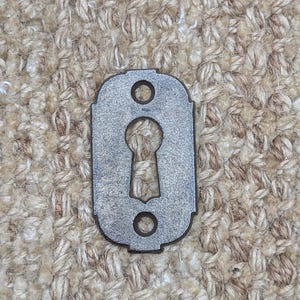 Könnte beinhalten: Ein silberner Schlüsselschlitzabdeckung mit einem dekorativen Design. Die Abdeckung hat zwei kleine Löcher auf beiden Seiten des Schlüsselloches.