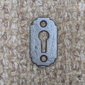 Könnte beinhalten: Ein silberner Schlüsselschlitzabdeckung mit einem dekorativen Design. Die Abdeckung ist aus Metall und hat eine glatte, polierte Oberfläche.