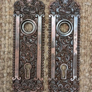 Pair Of Antique Ornate Cast Iron Door Knob Plates Hardware