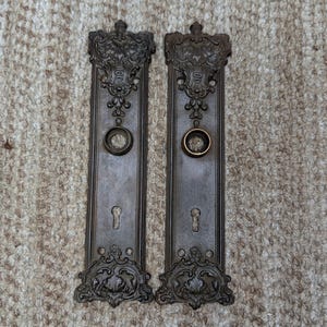 Paar 2 3/16 "x 9 1/16" antike verzierte viktorianische Türknaufplatten aus Eisen # 7888 1/2