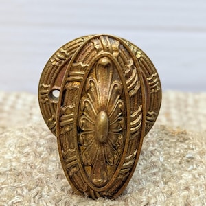 May include: A vintage brass door knob with an ornate oval design. The knob has a detailed floral pattern and a smooth, polished finish.