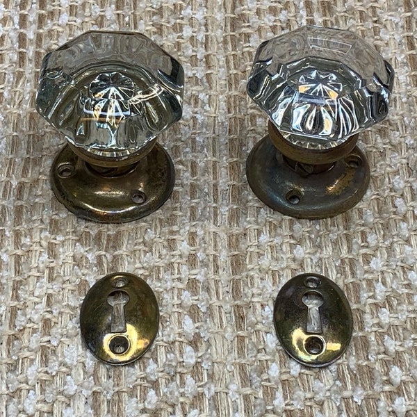 Antique Octagon Glass Door Knobs, Brass Rosettes & Key Hole Covers