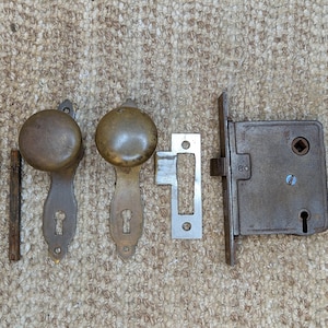Antique Interior Mortise Lock, Brass Knobs & Knob Plates, Strike Plate With Key