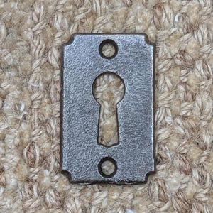 Könnte beinhalten: Ein silberner Schlüsselschlitzabdeckung mit einem dekorativen Rand. Die Abdeckung ist aus Metall und hat eine leicht strukturierte Oberfläche.