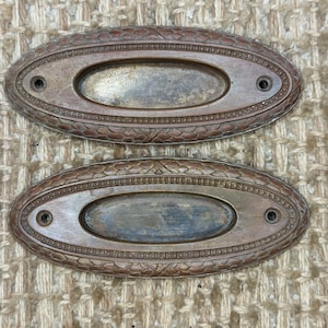 Pair Of Antique Decorative Stamped Brass Recessed Window Sash Lift Pull Hardware