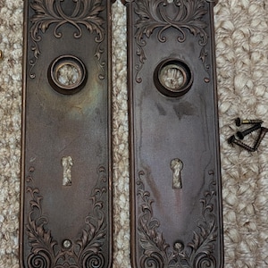 May include: Two antique bronze door plates with ornate floral and scrollwork designs. Each plate features a keyhole and a circular opening. The plates are rectangular with a decorative top and bottom. A few screws are visible.