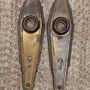 Pair Of Antique 1 1/2&quot; x 6 1/2&quot; Art Deco Stamped Steel Door Knob Plate Hardware