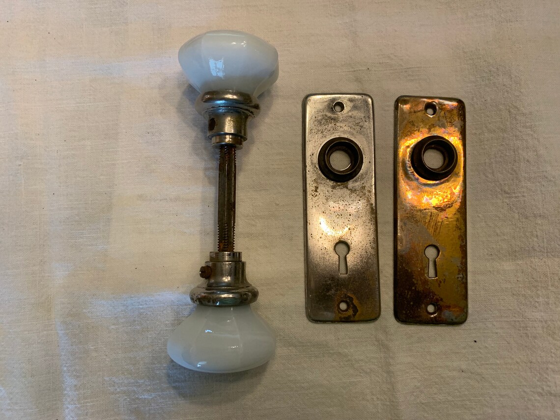 Antique white milk glass door knobs with back plates door Etsy