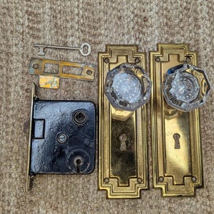 Antique Interior Mortise Lock #14, Glass Door Knobs & Brass Finish Door Knob Plates With Key