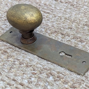 May include: A brass door knob with a rectangular backplate. The knob is round and has a smooth surface. The backplate has a keyhole and two small holes.