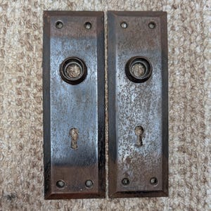 Paar 2 1/4 "x 7" Antique Japaned Stamped Steel Türknopfplatten