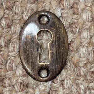 Könnte beinhalten: Ovaler Schlüsselschlitzabdeckung aus Messing mit einem Schlüsselschlitz-Ausschnitt. Die Abdeckung hat eine gebürstete Oberfläche und zwei kleine Löcher oben und unten.