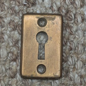 May include: A brass keyhole cover with two small screws on the bottom and top. The keyhole is cut out in the center.